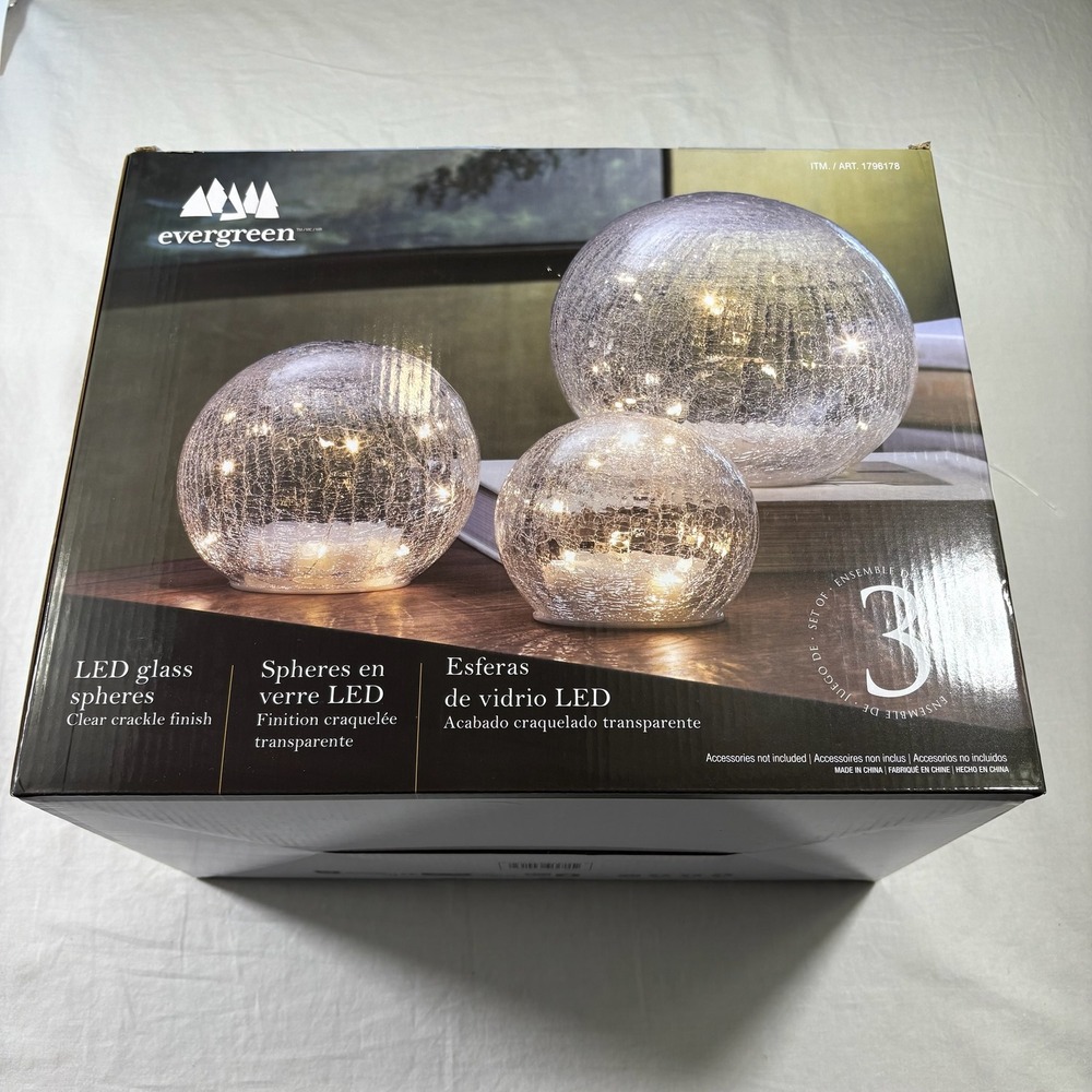 Evergreen LED Glass Spheres Set of 3 Clear NEW